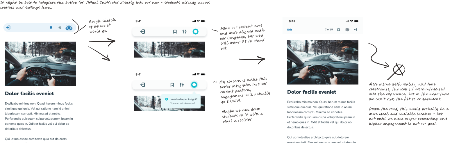 Design exploration showing the Virtual Instructor button integrated into the course navigation bar